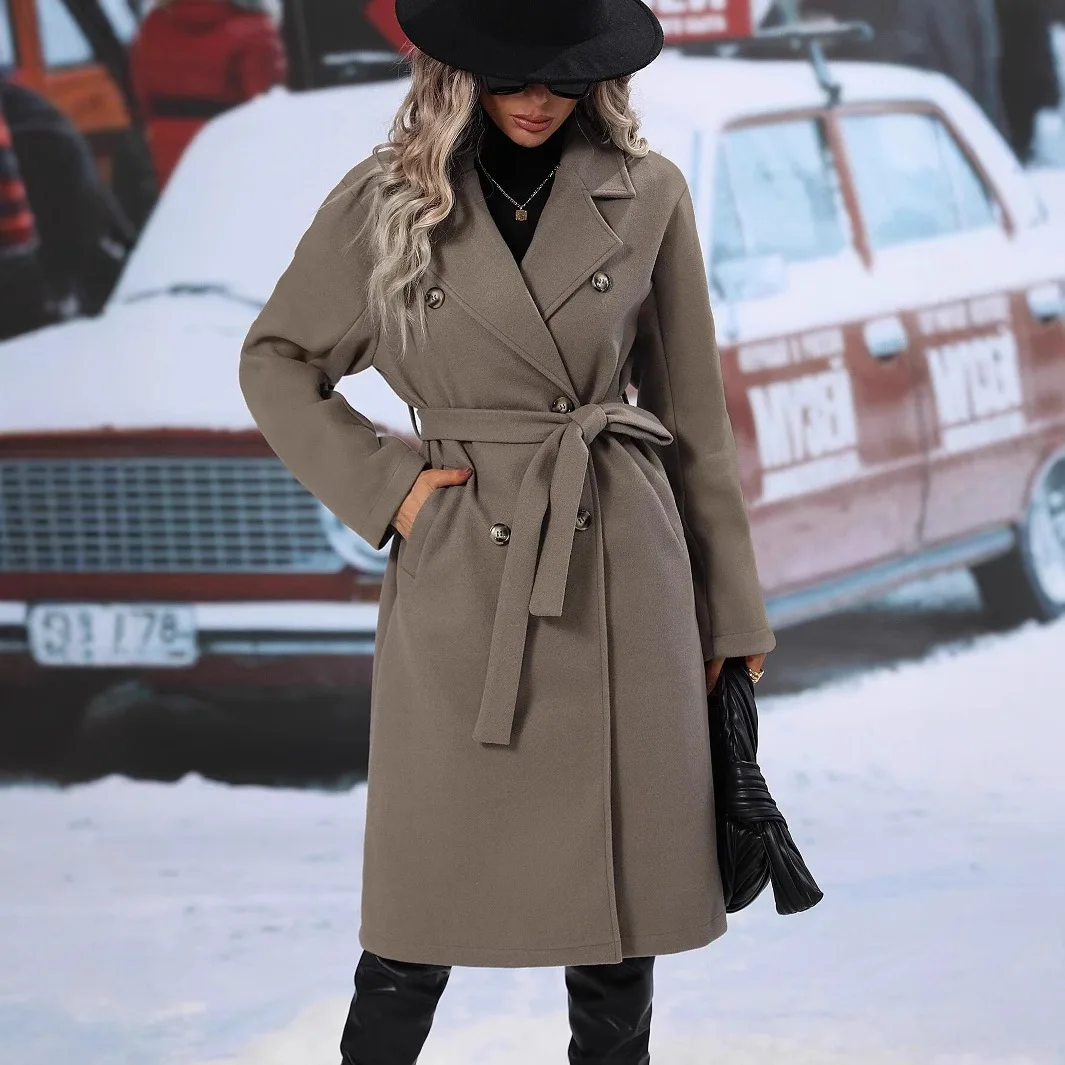 Manteau en Laine Long Femme – Couleur Unie, Double Boutonnage et Ceinture – Image 4