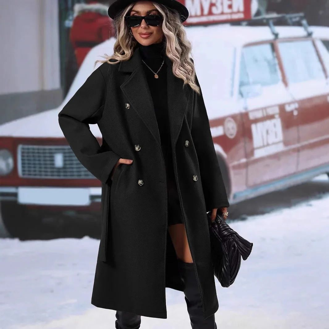 Manteau en Laine Long Femme – Couleur Unie, Double Boutonnage et Ceinture – Image 3