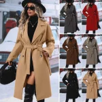 Manteau en Laine Long Femme – Couleur Unie, Double Boutonnage et Ceinture