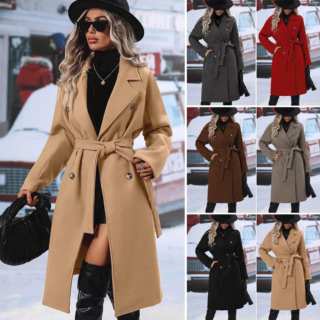 Manteau en Laine Long Femme – Couleur Unie, Double Boutonnage et Ceinture