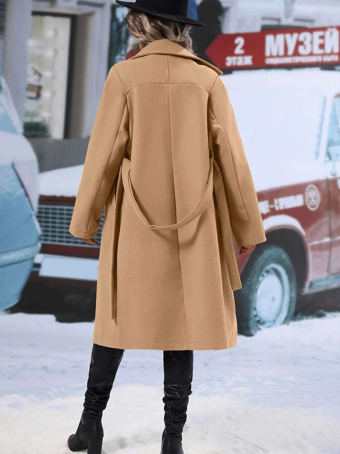 Manteau en Laine Long Femme – Couleur Unie, Double Boutonnage et Ceinture – Image 6